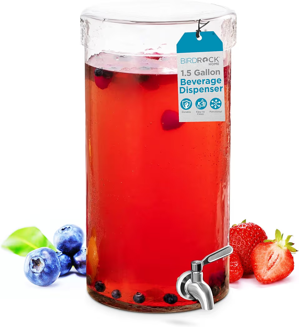 BIRDROCK HOME Beverage Dispenser with Stainless Steel Spigot and Lid - Hammered Glass Drink, Deco... | Amazon (US)