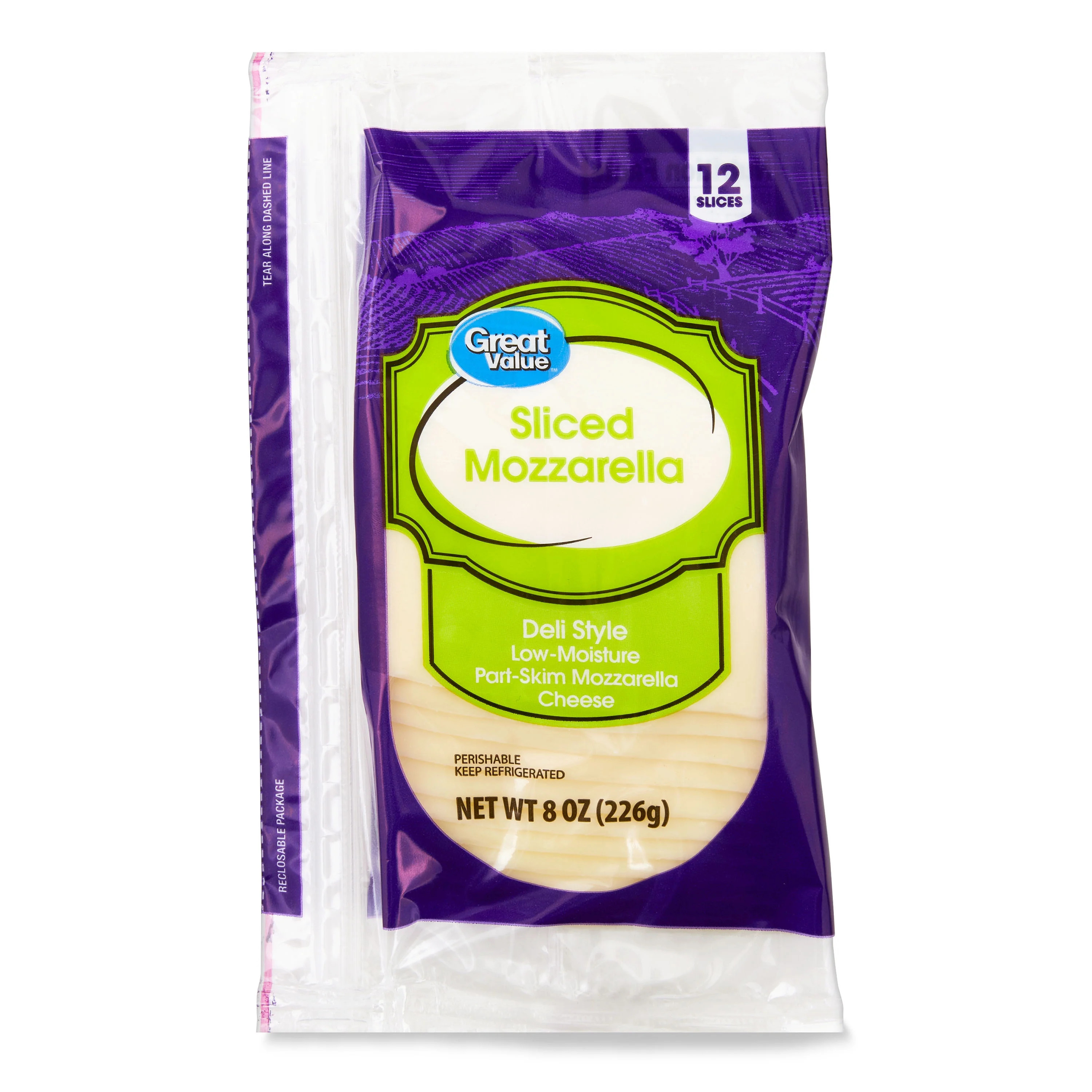 Great Value Low-Moisture Part-Skim Deli Style Sliced Mozzarella Cheese, 8 oz Package, 12 Slices | Walmart (US)