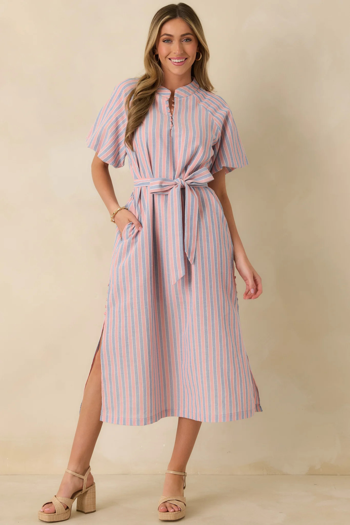 Elegantly In Route Pink & Blue Stripe Cotton Blend Belt Tie Midi Dress | Red Dress