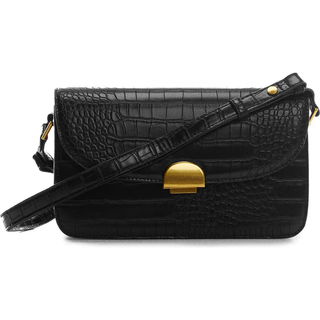 MANGO Croc Embossed Faux Leather Shoulder Bag in Black at Nordstrom | Nordstrom
