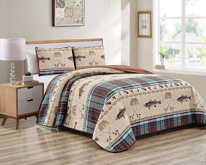 River Fly Fishing Themed Rustic Cabin Lodge Quilt Stitched Bedspread Bedding Set with Fishing Rod... | Amazon (US)