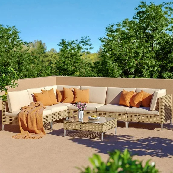 Grand Patio 7-Piece Open Weave Wicker Patio Furniture Set, Boho Outdoor Conversation Set with Thi... | Walmart (US)