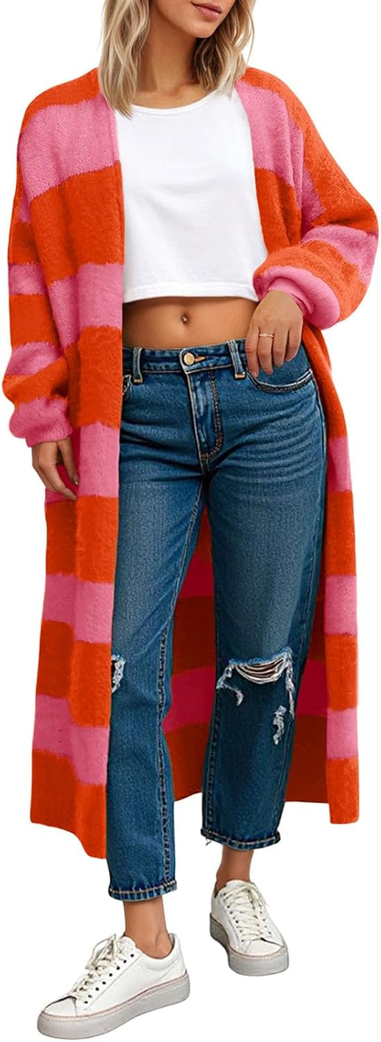 Saodimallsu Womens Striped Long Cardigan Sweaters Open Front Oversized Chunky Fuzzy Knit Fall Duster Sweater Coats | Amazon (US)