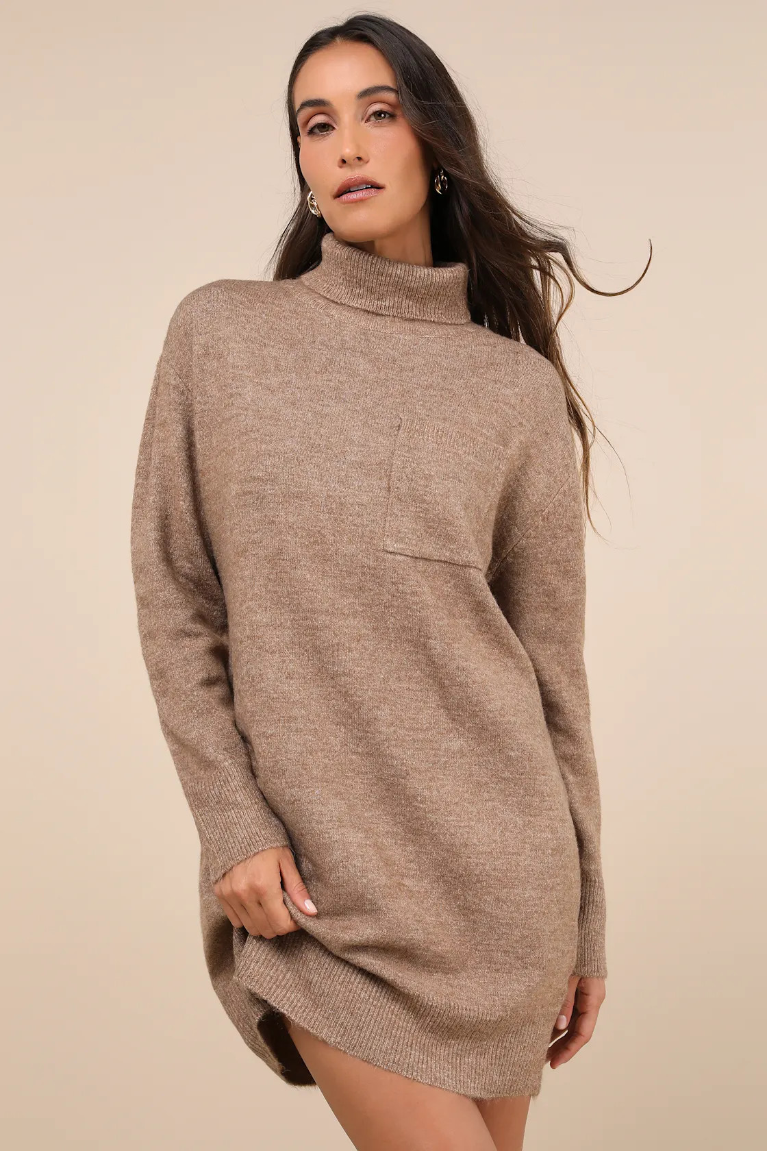 Positively Charming Heather Brown Turtleneck Mini Sweater Dress | Lulus