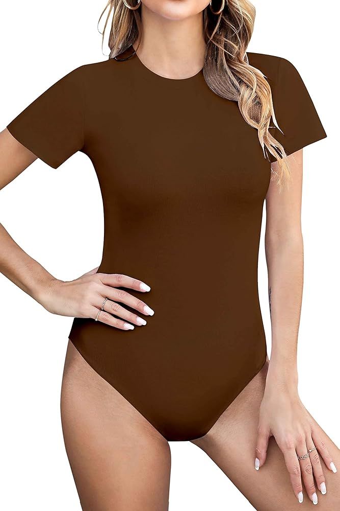 Amazon.com: SHEIUGU bodysuit for women Crew Neck Round Neck Short Sleeve Cotton Slim Stretch Fitt... | Amazon (US)