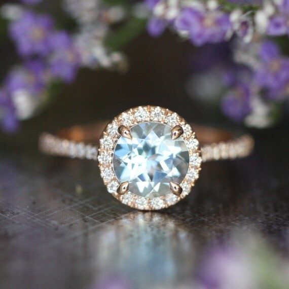 Natural Aquamarine Halo Engagement Ring in 14k Rose Gold Half Diamond Eternity Band 7x7mm Gemstone A | Etsy (US)