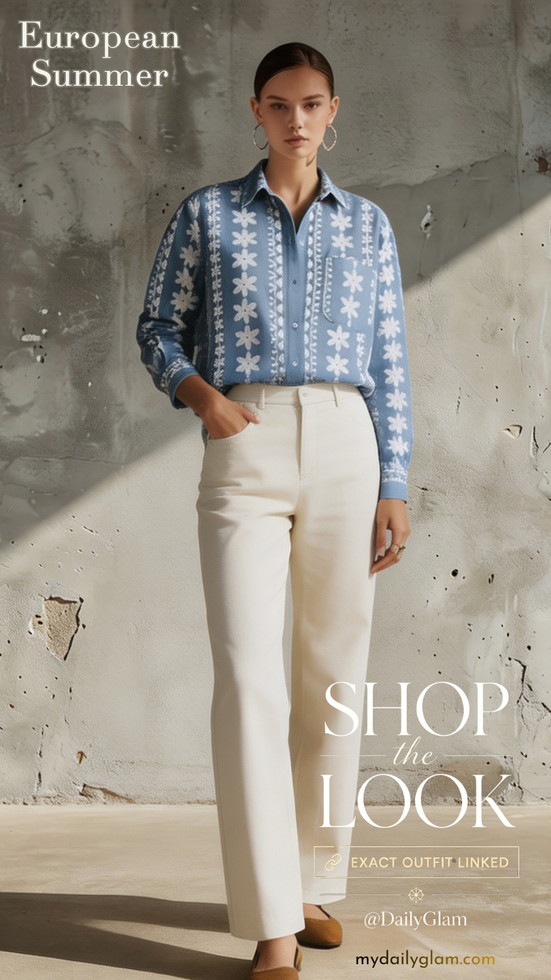Minimalist European Casual Look Floral Printed Button Down Blouse & Cream Straight Pants 

 #LTKootd #LTKSeasonal #LTKOver40