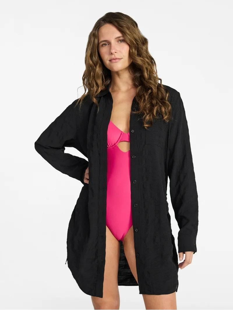 Time and Tru Women's and Women's Plus Size Essentials Convertible Button Down Shirt Coverup, Size... | Walmart (US)