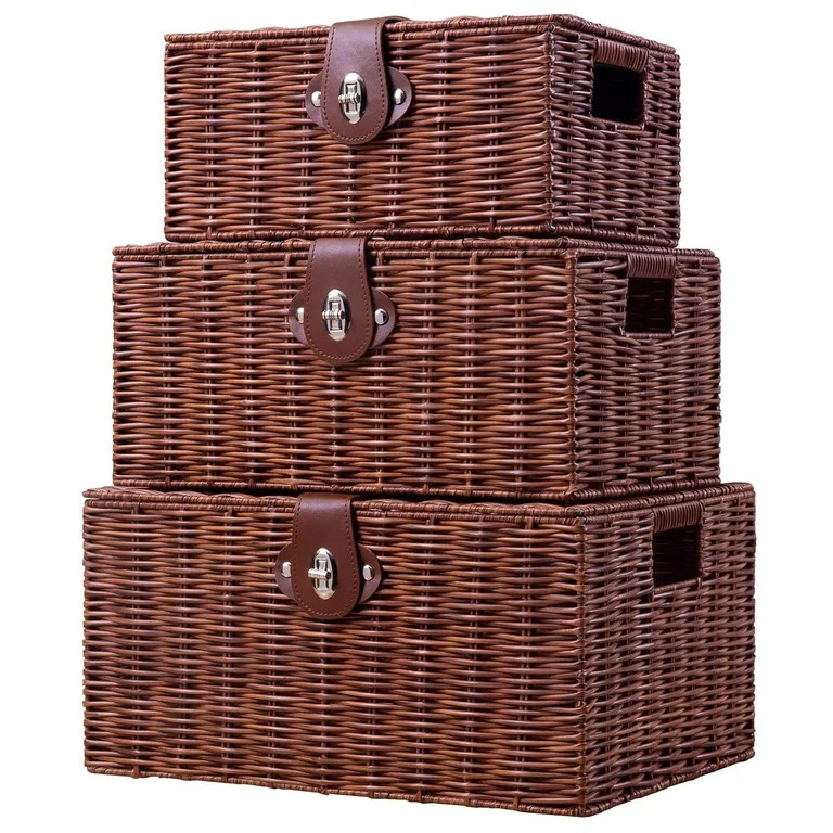 Woven Wicker Storage Basket Box with Lid & Lock, Built-in Carry Handles, Multifunctional Storage ... | Walmart (US)