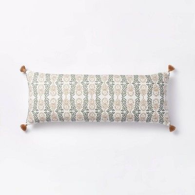 Oversized Oblong Watercolor Wood Block with Tassels Decorative Throw Pillow Camel/Light Teal - Th... | Target