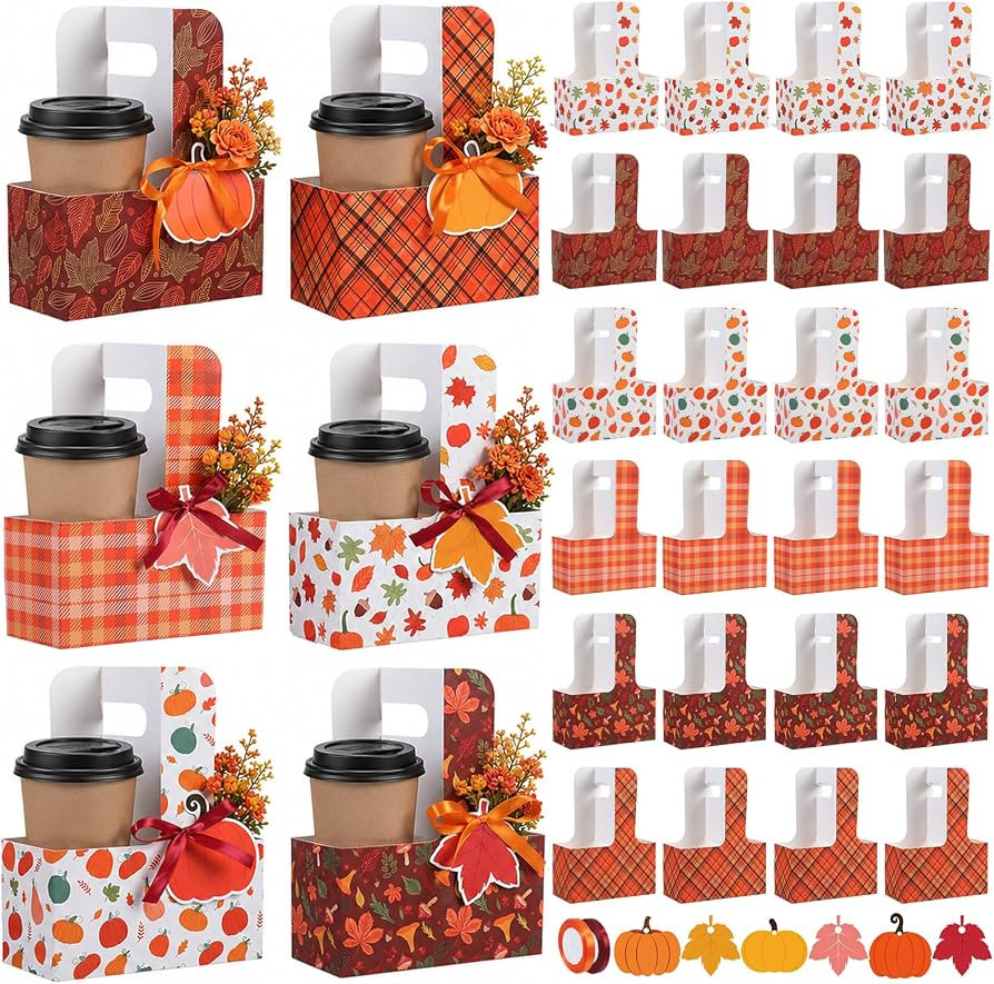 24 Pack Fall 2 Cup Drink Carrier with Cards Ribbon Thanksgiving Gift Set | Amazon (US)
