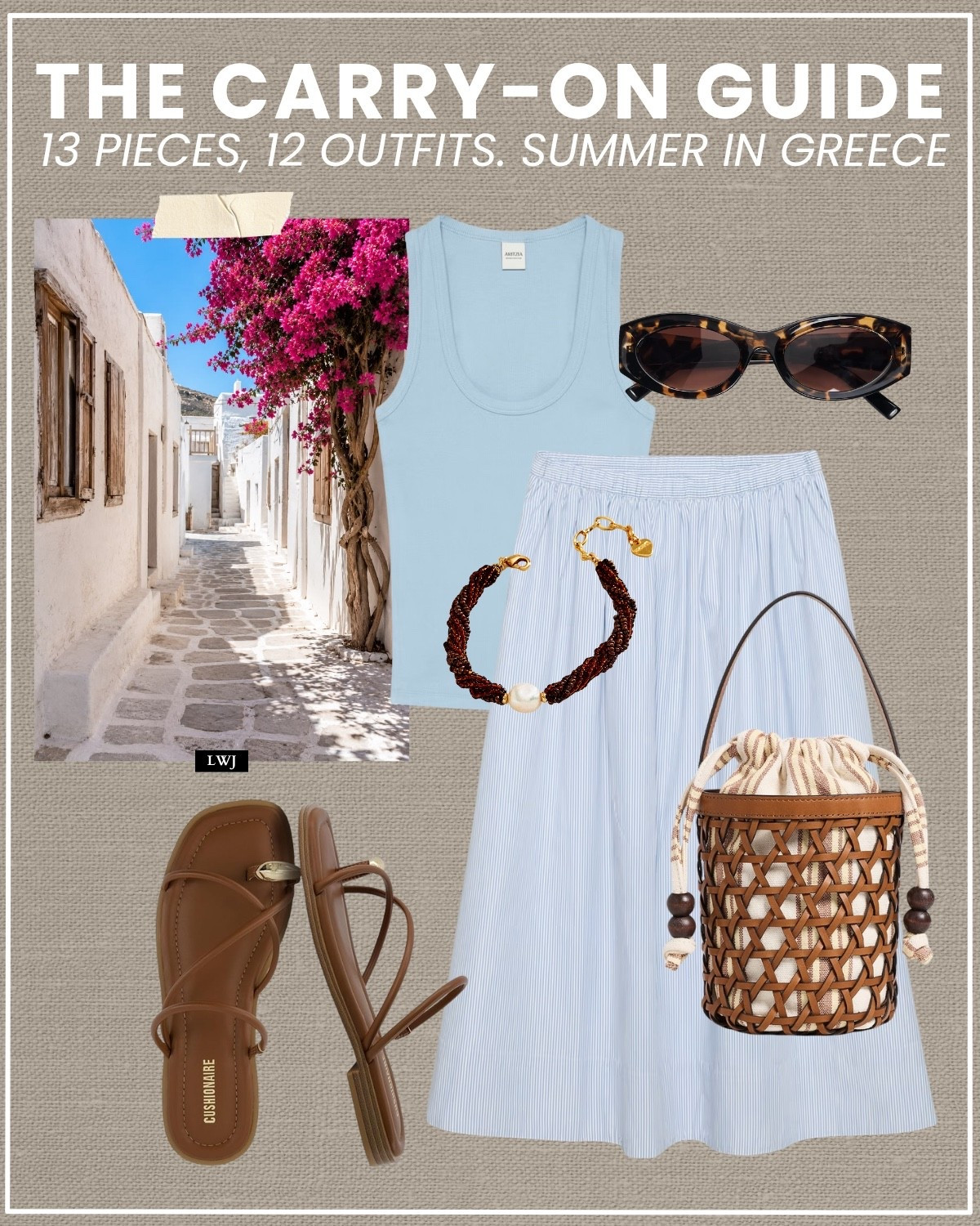carry-on guide for a summer in greece 

Amazon cushionaire flip flops run half a size big 

greece / summer vacation / myokonos / santorini / island hopping / strappy sandals cushionaire / scoopneck tank top / midi skirt / woven bucket tote / beaded bracelet / tortoise shell sunglasses

#LTKootd #LTKTravel