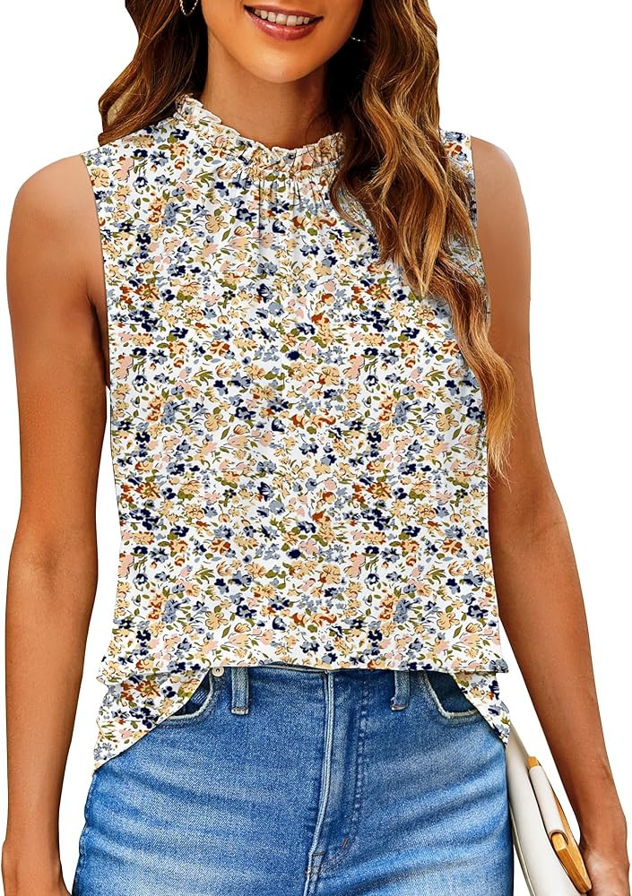 SimpleFun Womens Tank Tops Ruffle High Neck Pleated Summer Blouses Floral Sleeveless Shirt | Amazon (US)