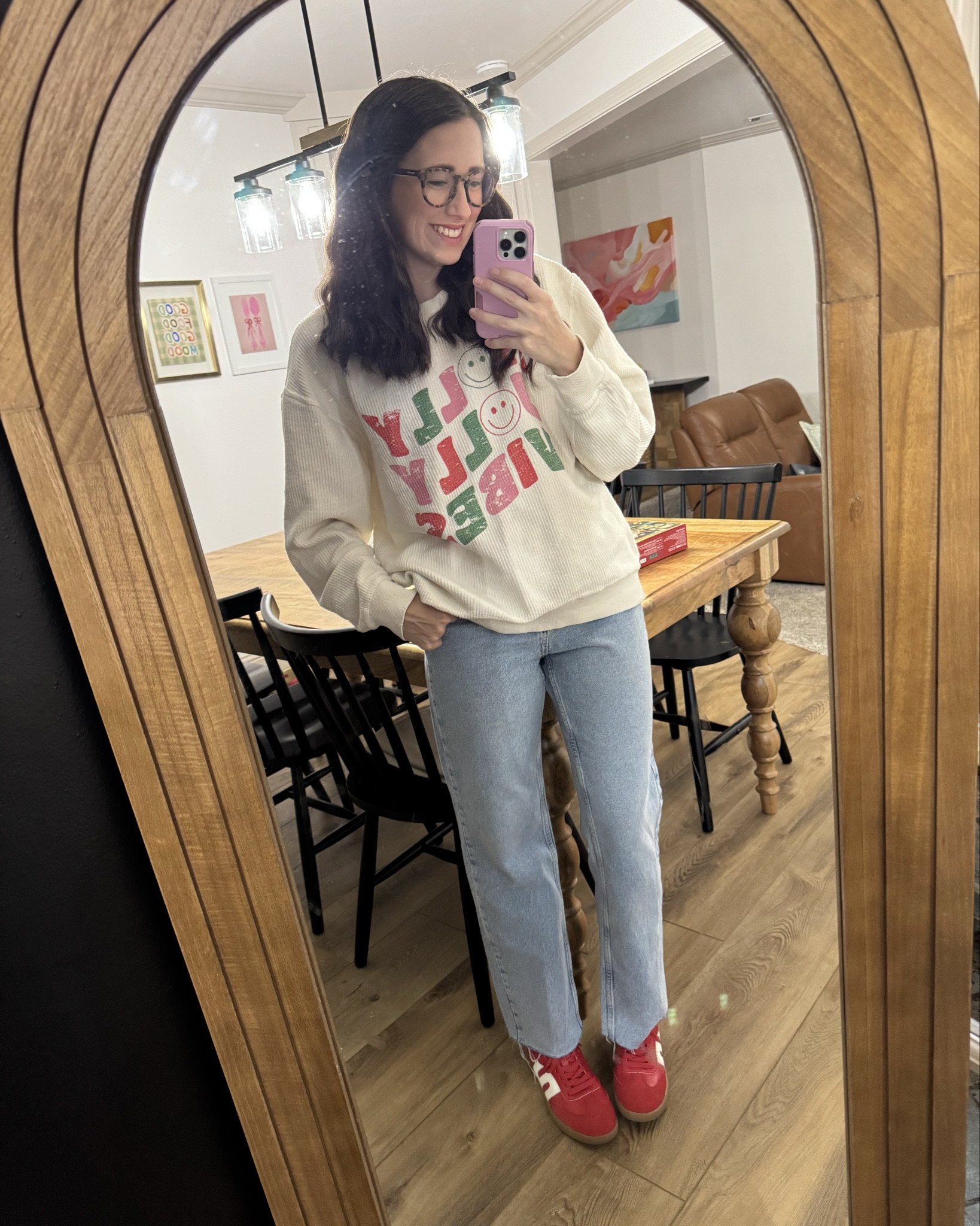 The cutest sweatshirt for the holidays! Jeans are Zara, and I can’t link them. #christmassweatshirt #pinklily #ootd #sahm #girlmom 