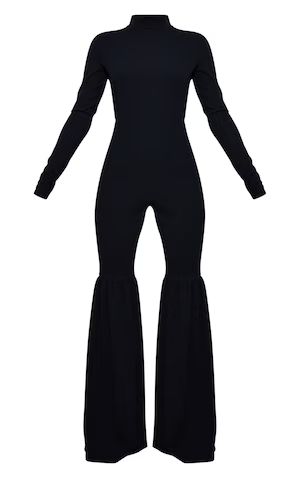 Black High Neck Extreme Flare Long Sleeve Jumpsuit | PrettyLittleThing US