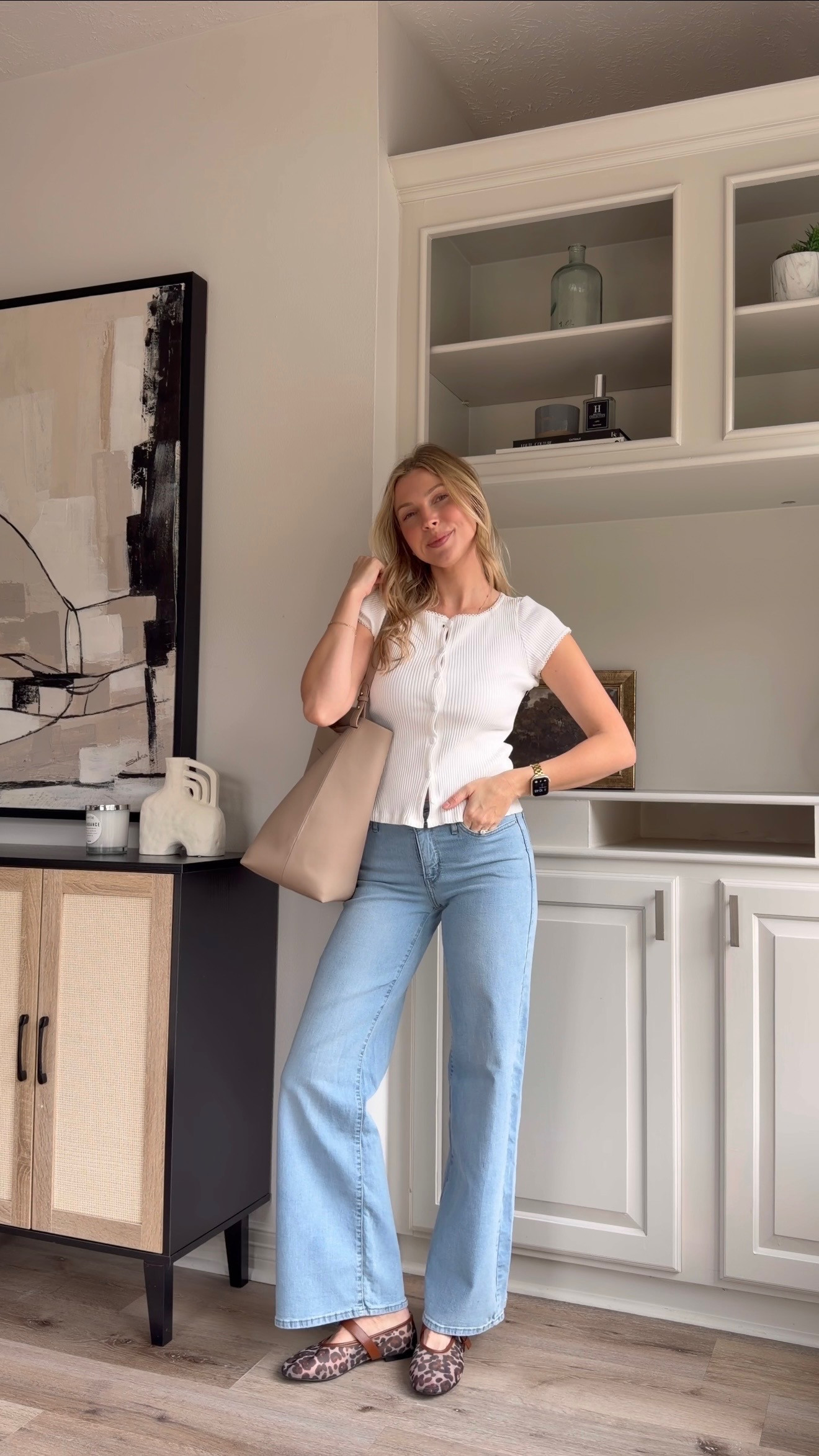 Everyday cute but comfy mom outfit | Wearing M in white button top + 26 in denim. Denim has a little stretch!  

 