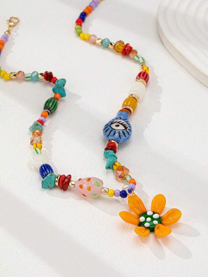 1pc Handmade Glass Flower Necklace With Western Cactus Pendant, Necklace For Women, Summer Travel Boho Style Jewelry (Color And Shape May Vary) | SHEIN