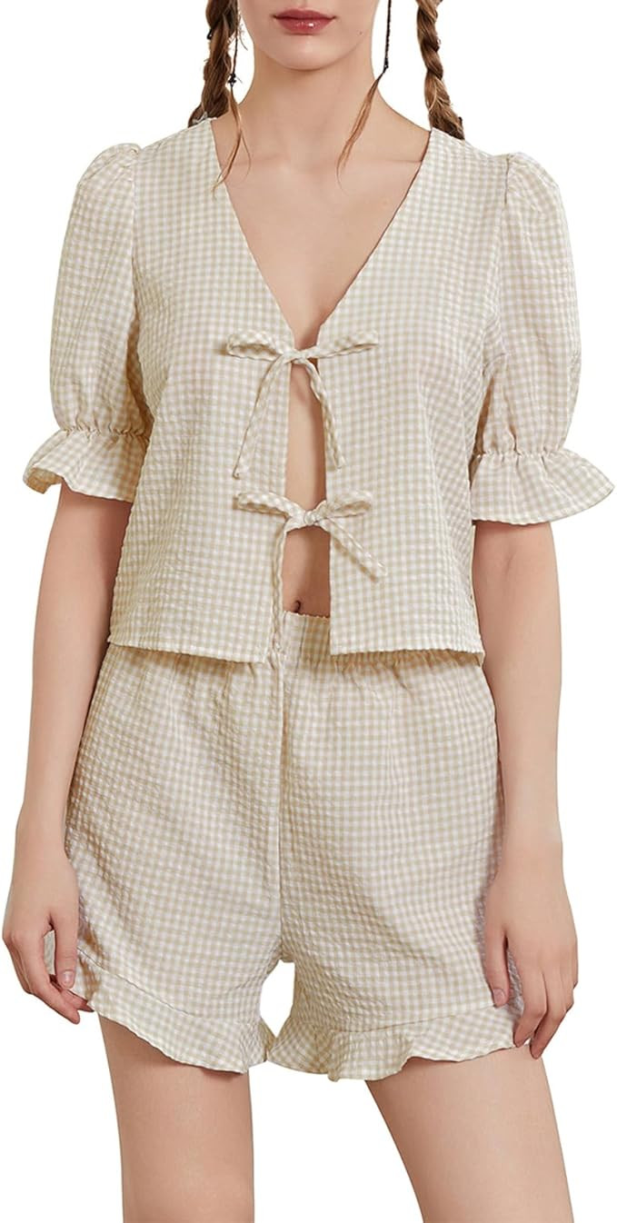 XBTCLXEBCO Women 2 Piece Plaid Pajamas Sets Puff Sleeve Tie Front Peplum Shirt Shorts Set Y2k Mat... | Amazon (US)