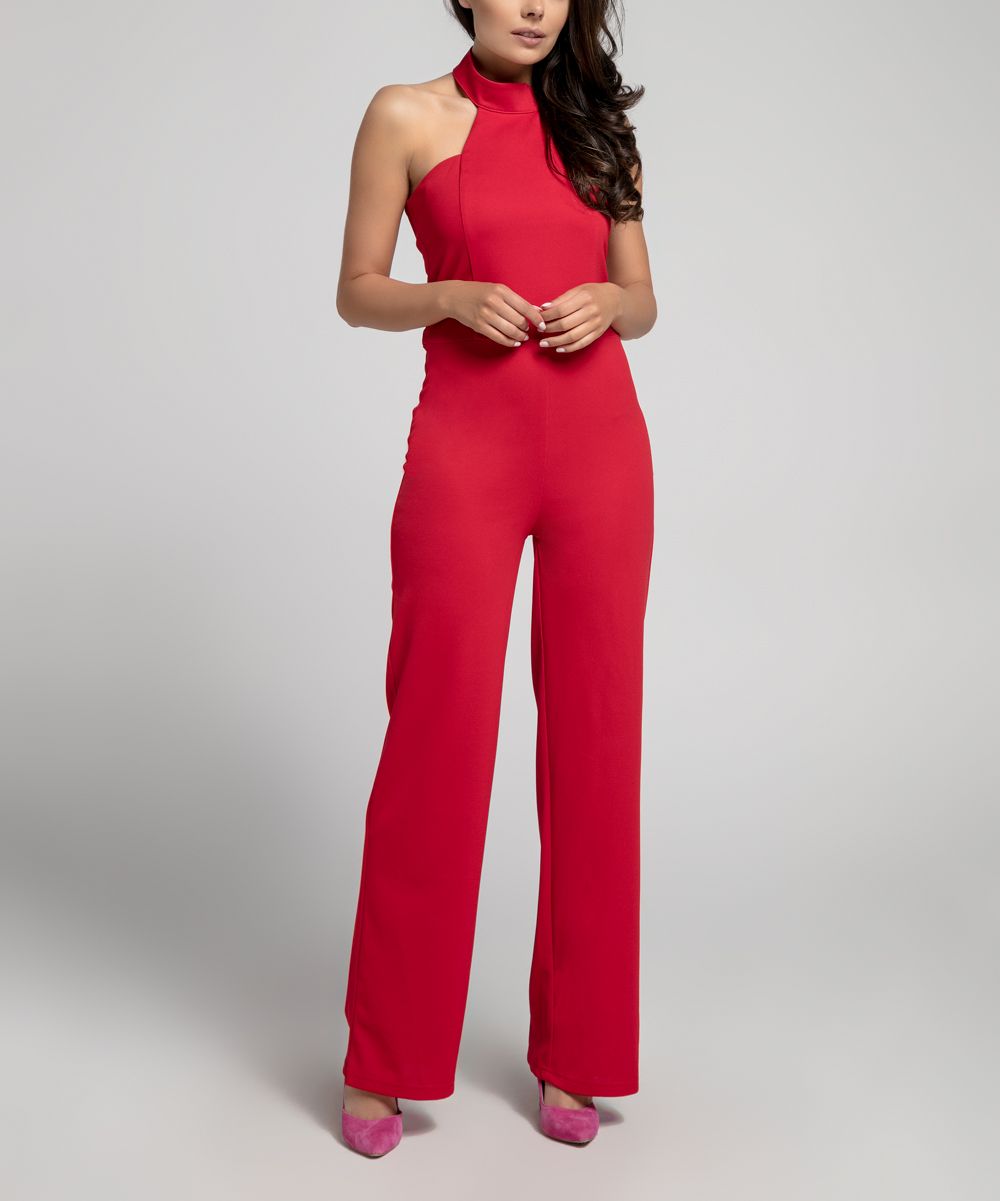 NAOKO Women's Jumpsuits RED - Red Halter Jumpsuit - Women | Zulily