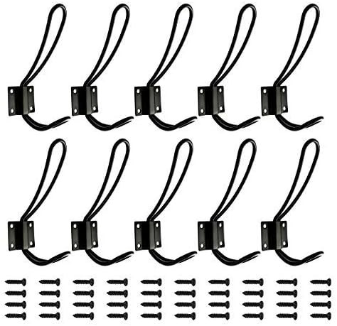 OUSHINAN Rustic Entryway Hooks | 10 Pack of Black Wall Mounted Vintage Double Coat Hangers with L... | Amazon (US)