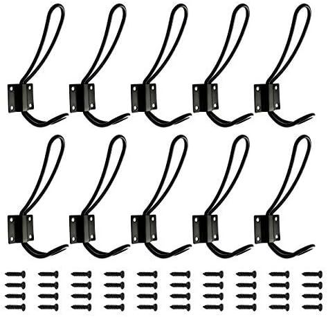 OUSHINAN Rustic Entryway Hooks | 10 Pack of Black Wall Mounted Vintage Double Coat Hangers with L... | Amazon (US)