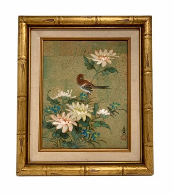 Vintage Asian Print Red Bird Flowers Matted Golden Bamboo Frame 13 X 11 Signed | eBay AU