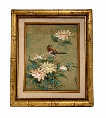 Vintage Asian Print Red Bird Flowers Matted Golden Bamboo Frame 13 X 11 Signed | eBay AU