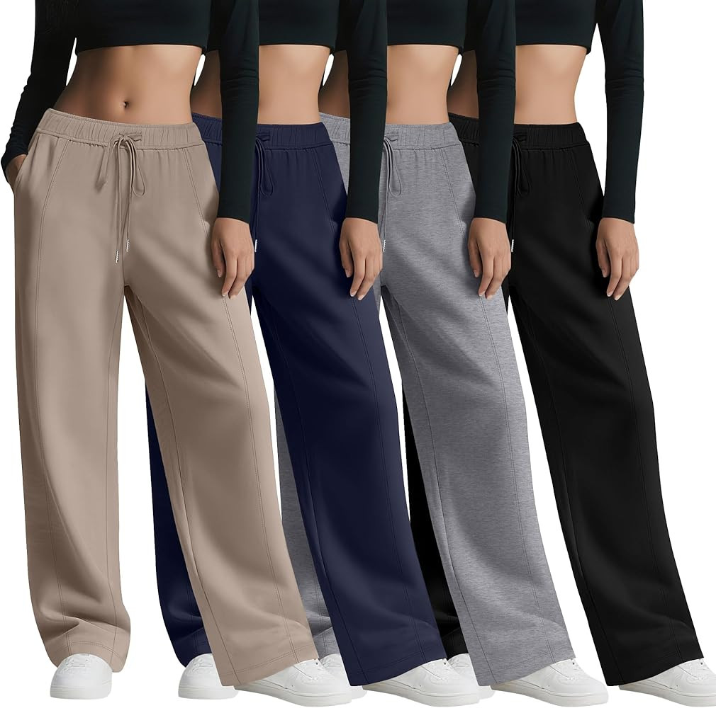 4 Pack Women's Wide Leg Sweatpants, Baggy Straight Elastic Waist Drawstring Multipack Lounge Trou... | Amazon (US)