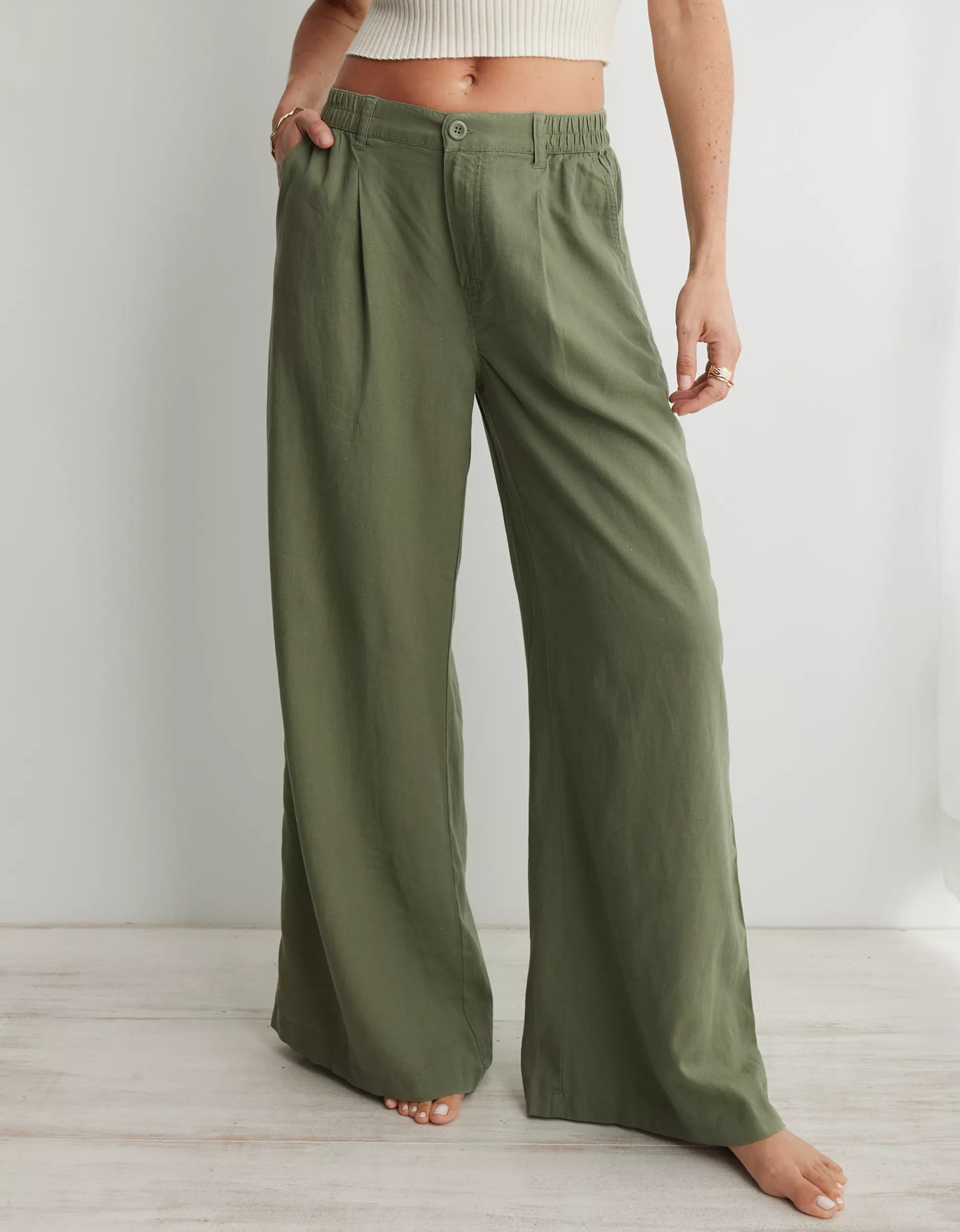 Aerie Pool-To-Party Linen Blend High Waisted Trouser | Aerie