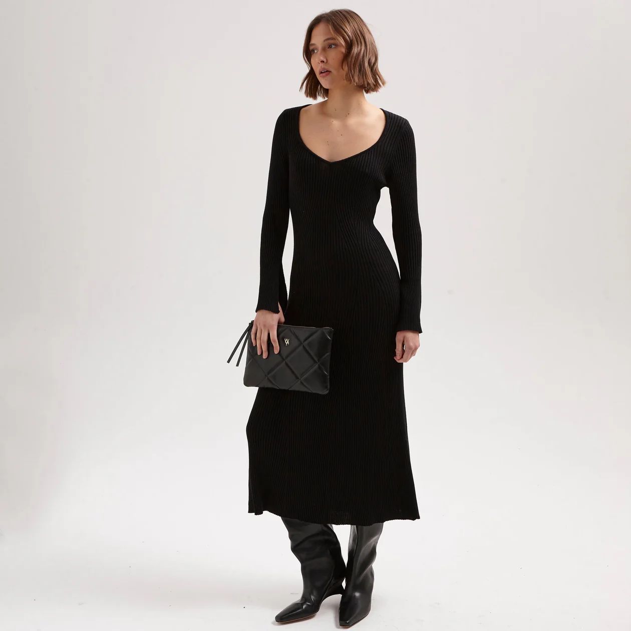 THE ULTIMATE SWEETHEART NECK RIBBED DRESS - BLACK | WAT The Brand
