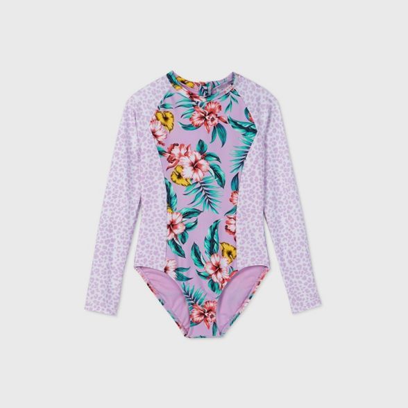 Girls' Animal and Floral Print Long Sleeve One Piece Swimsuit - art class™ Lilac | Target