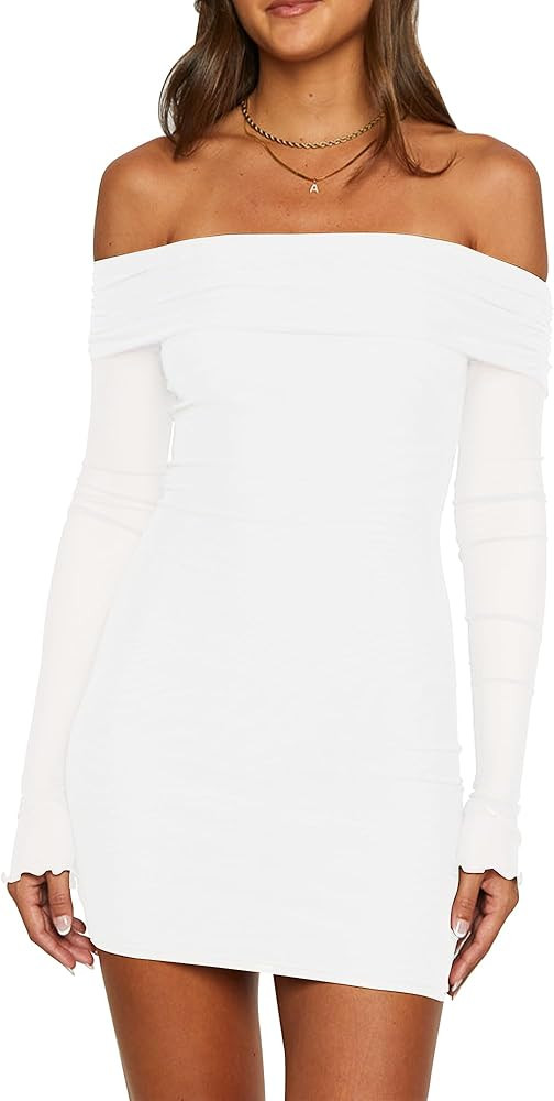 Mokoru Women's Sexy Bodycon Off The Shoulder Mesh Long Sleeve Elegant Cocktail Party Mini Dresses | Amazon (US)