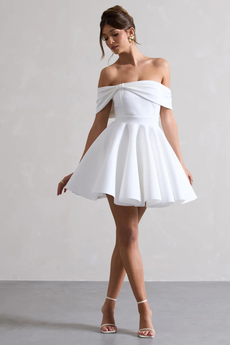 Snowfall | White Bardot Bow Skater Mini Dress | Club L London