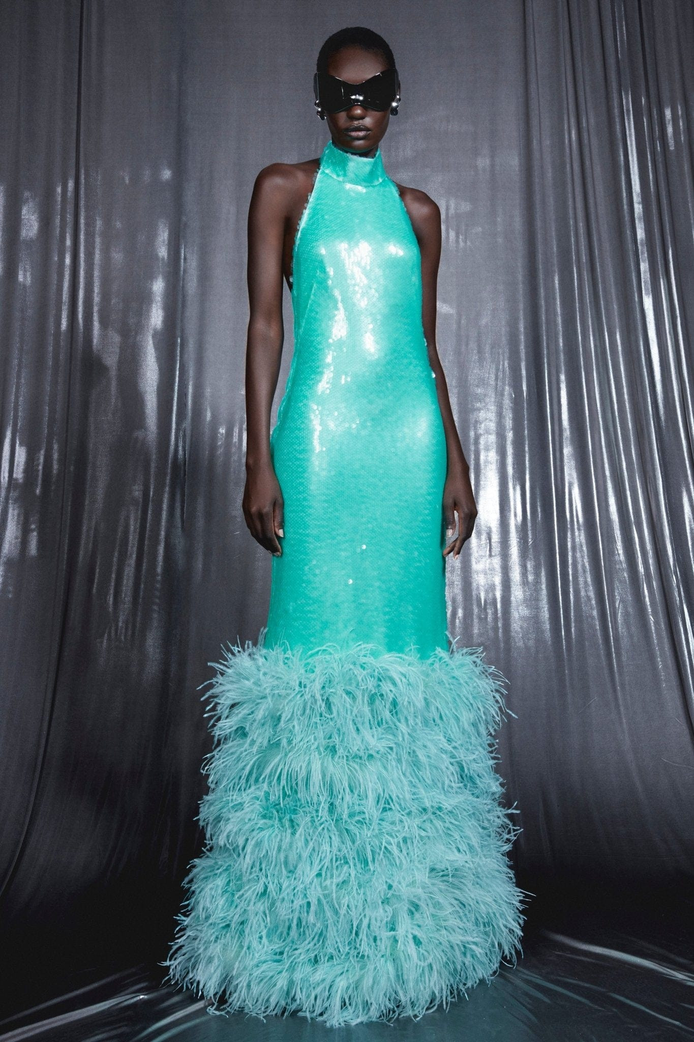 Sequin Halter Open Back Gown With Feathers | LAPOINTE