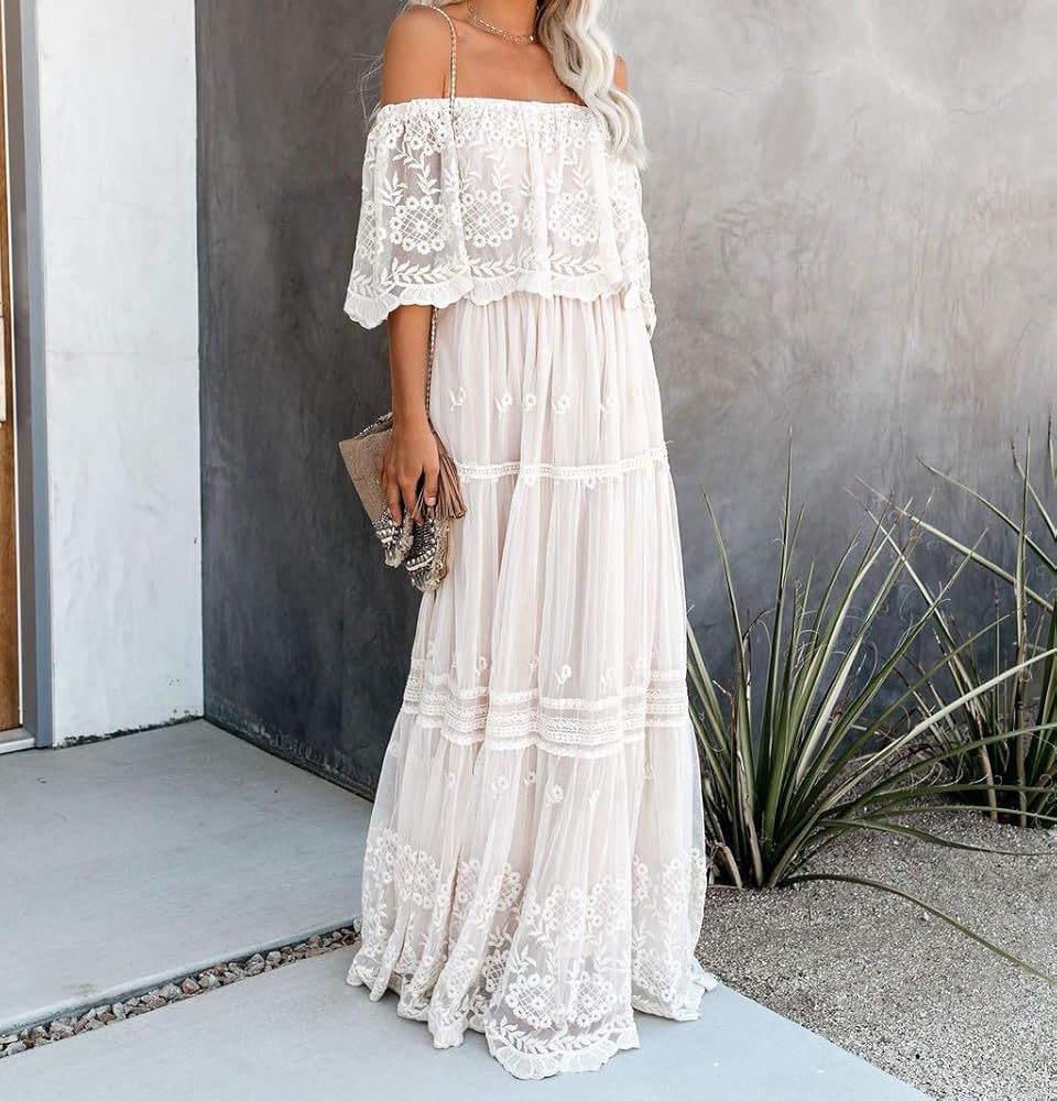 MERMAID'S CLOSET Womens Casual Off Shoulder Maxi Dress White Lace Sleeve Beach Dresses | Amazon (US)