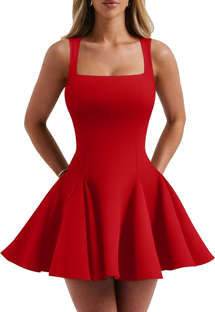 DAAWENXI Women's Sexy Sleeveless Square Neck Mini Dress Bodycon Party Club Tank Short Dresses | Amazon (US)