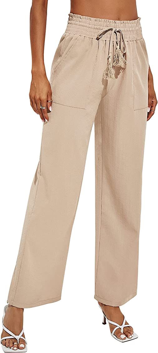 Rapbin Women's Cotton Linen Pants Casual Drawstring Loose Elastic Waist Beach Pant Trousers with Poc | Amazon (US)