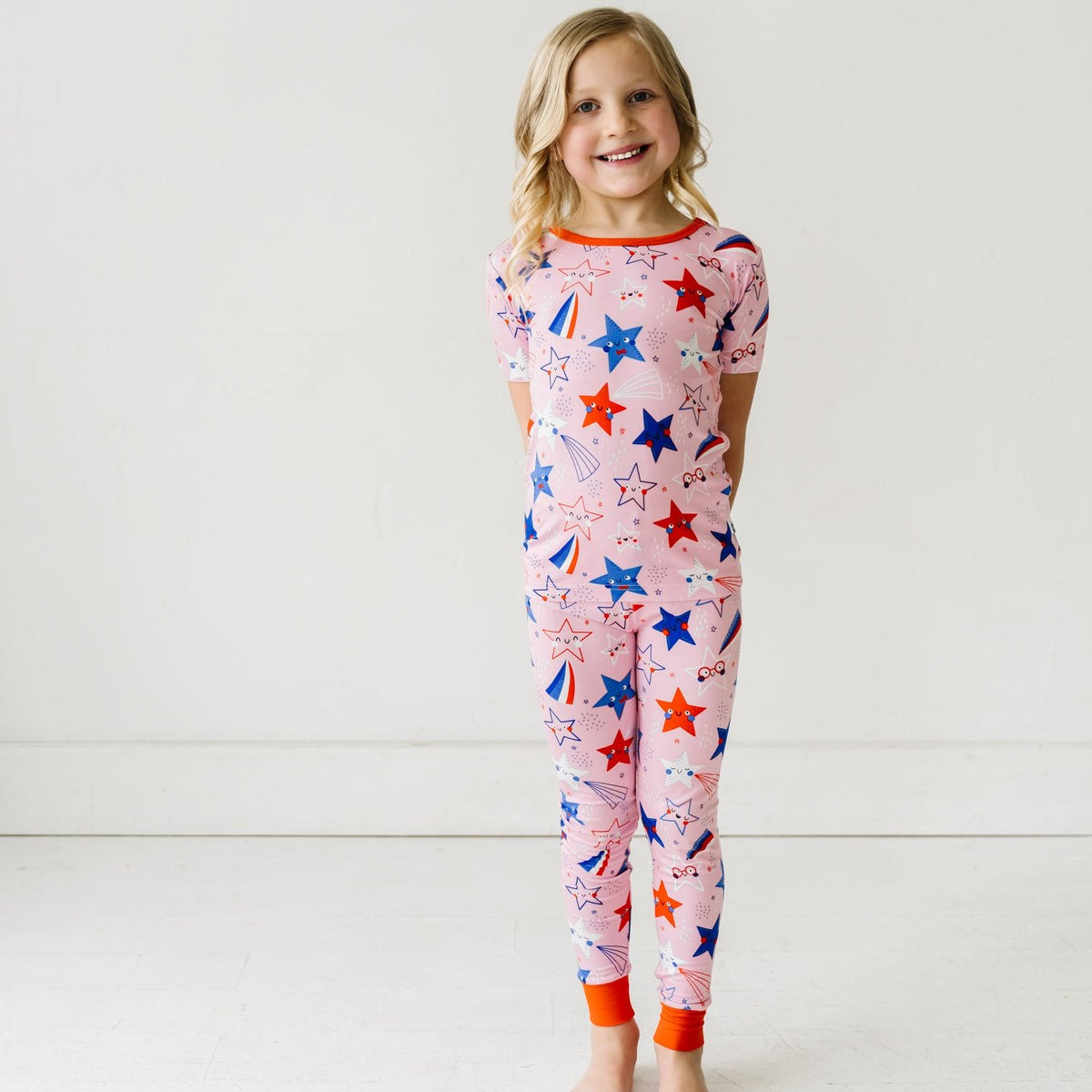 Pink Stars & Stripes Two-Piece Short Sleeve Bamboo Viscose Pajama Set | Little Sleepies