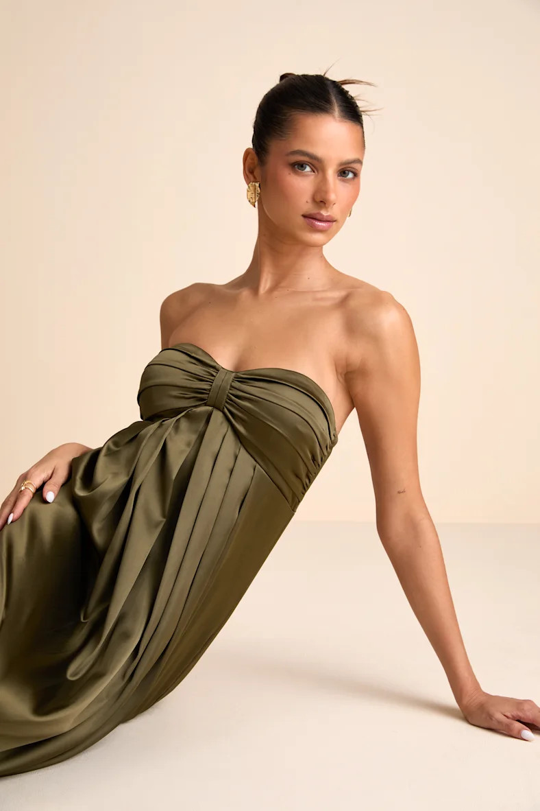 Memorable Entrance Olive Green Strapless Satin Maxi Dress | Lulus