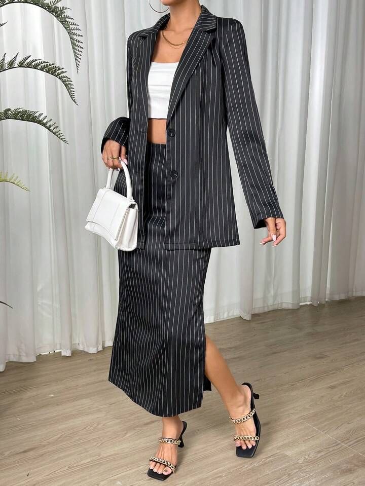 SHEIN Privé Striped Print Blazer & Split Thigh Skirt | SHEIN
