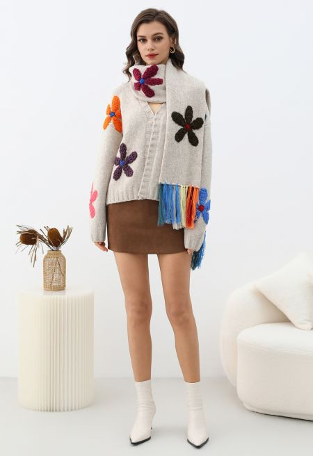 3D Colorful Crochet Flower Knit Cardigan with Tassel Scarf | Chicwish