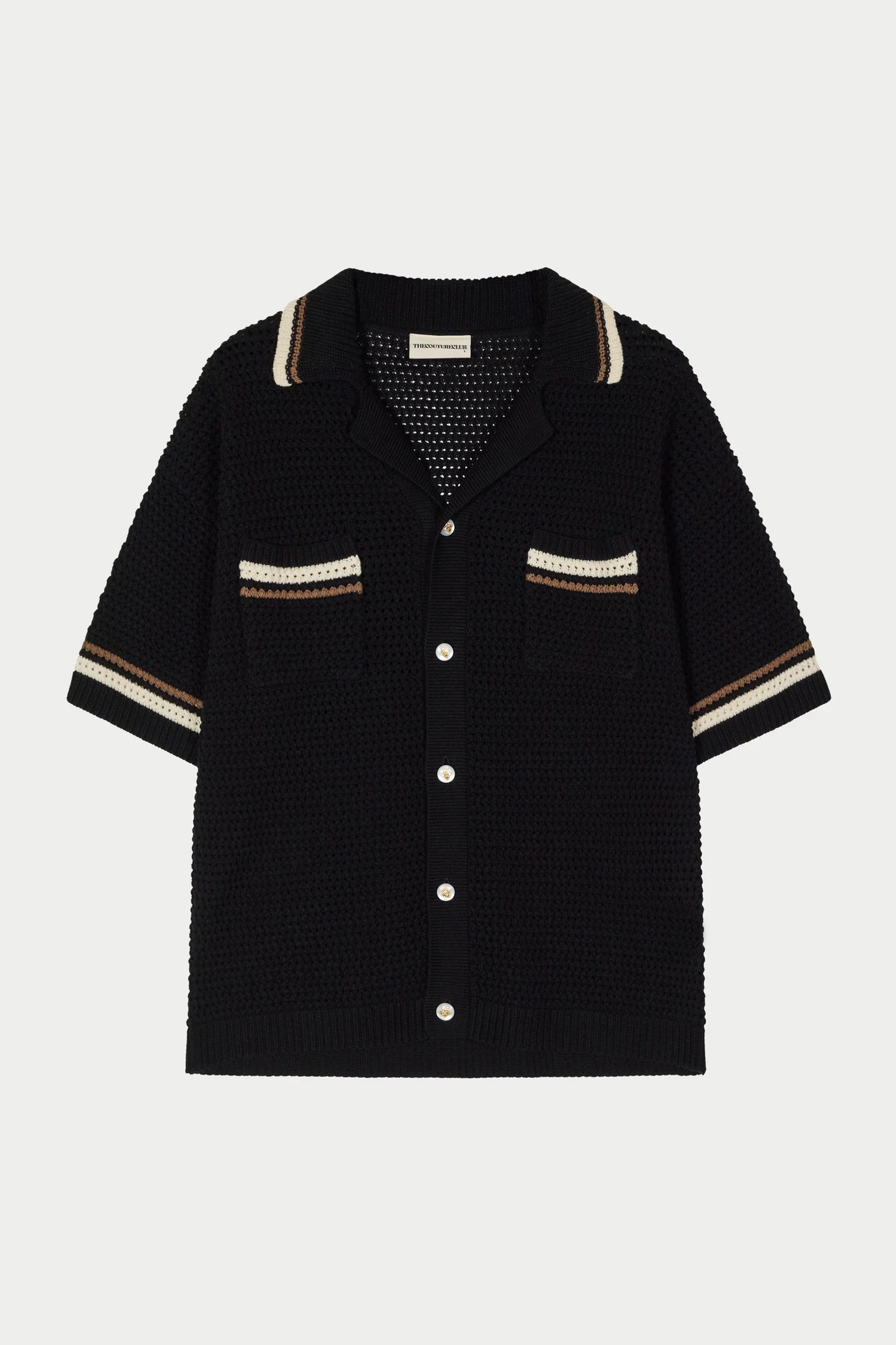 CROCHET KNITTED STRIPE BUTTON THROUGH SHIRT - BLACK | The Couture Club