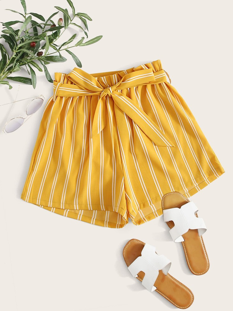 Vertical Stripe Belted Paperbag Shorts | SHEIN