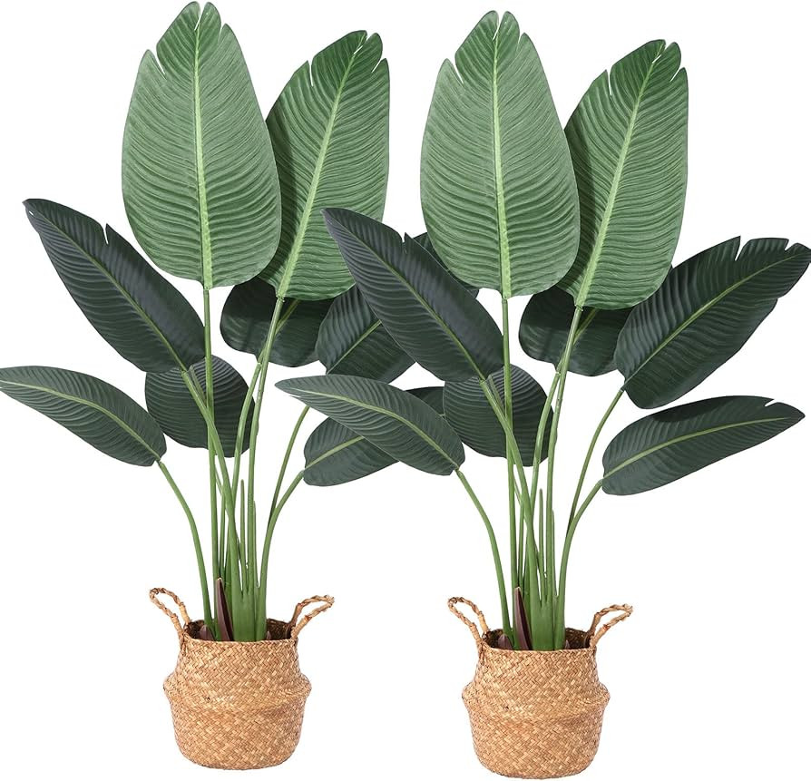 Artificial Bird of Paradise Plants 4 Ft Fake Tropical Palm Tree with 8 Trunks in Pot and Woven Se... | Amazon (US)