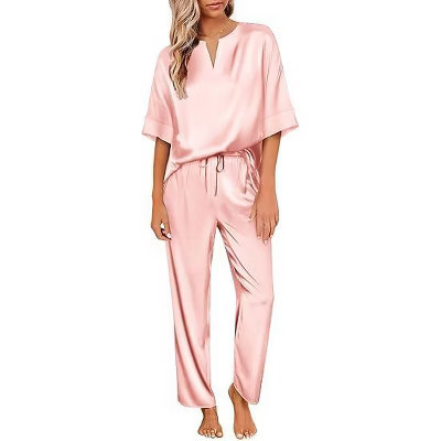 Ekouaer Satin Pajama Set Womens Silk Short Sleeve V Neck Shirt with Long Pant Soft Loungewear Pjs Set Pink S | Target