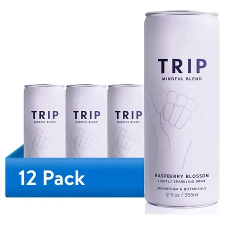 TRIP Lightly Sparkling Non-Alcoholic Drink with Magnesium, Ashwagandha, Lion's Mane & L-Theanine, No Added Sugar Mocktail, Vegan, Raspberry Blossom 12 fl oz | Walmart (US)