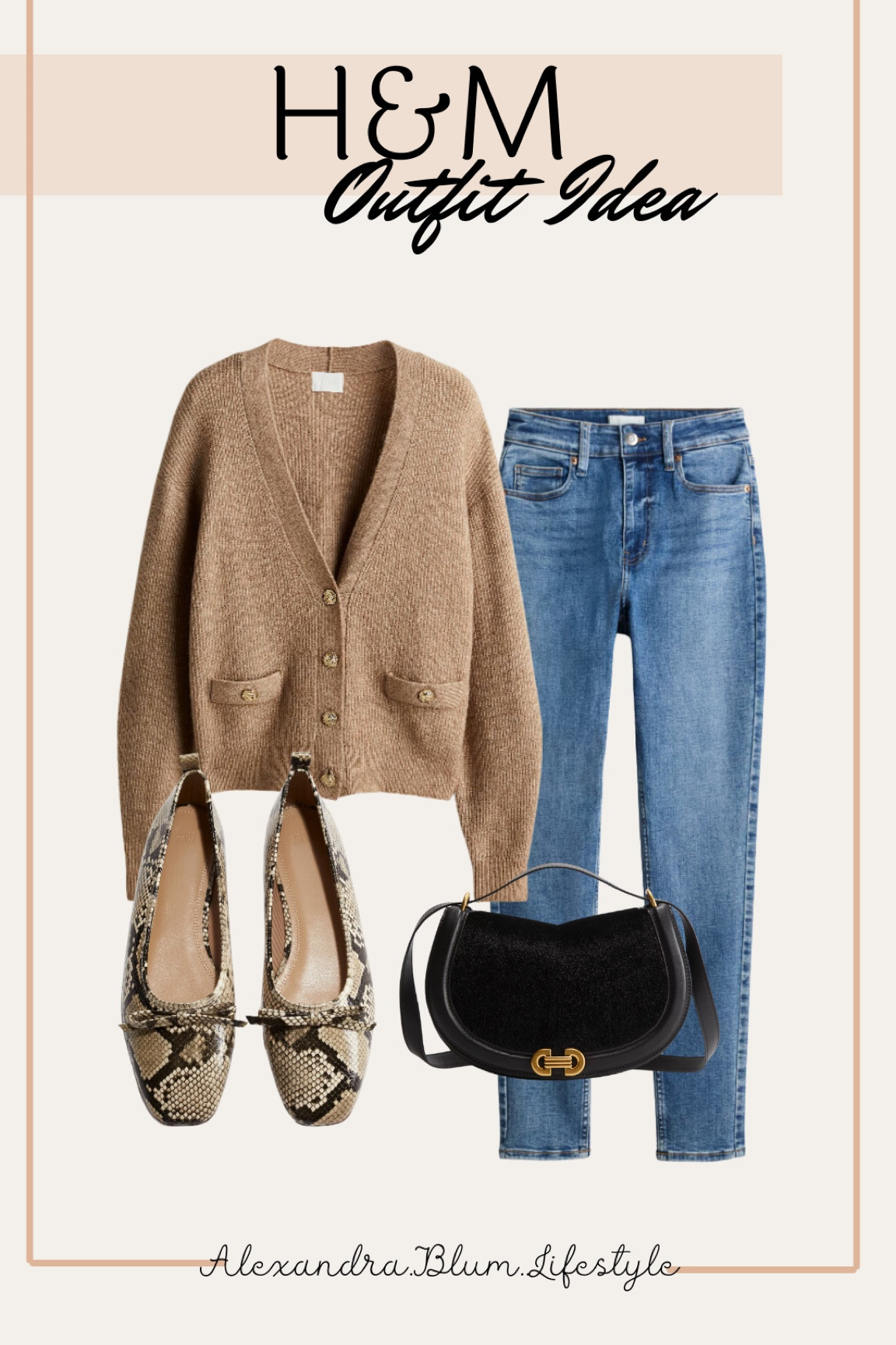 Casual fall outfit idea from H&M! Tan button up cardigan, skinny jeans, snake skin ballet flats, and crossbody black purse! 

#LTKItBag #LTKStyleTip #LTKFindsUnder50