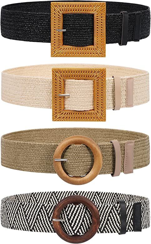 4 Pack Straw Woven Elastic Stretch Waist Belt Fashion Boho Dress Braided Belts for Women | Amazon (US)