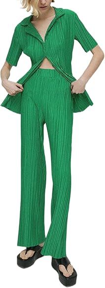 NUFIWI Women Y2K 2 Piece Pants Set Oversized Floral Printed Button Down Shirt High Waist Pants Ou... | Amazon (US)