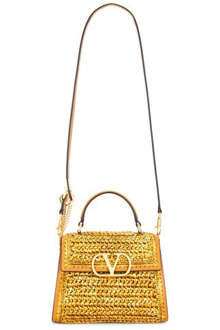 Valentino Garavani Crochet Raffia VSLING Top Handle Bag in Metallic Gold | FWRD 